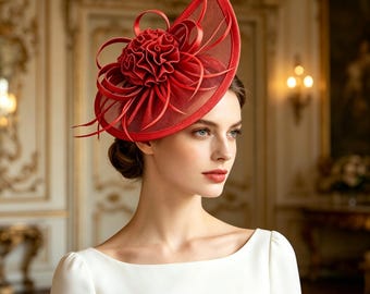 Red Feather Fascinator Teardrop Handmade Race Day Hatinator,Wedding Hat,Derby Races Headpiece,Cocktail Hat,Tea Party Elegant Hair Fascinator