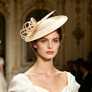 May include: A beige saucer-shaped fascinator hat featuring a structured brim and a decorative arrangement of looped ribbons and a single feather quill. The headpiece is crafted from a smooth, woven material and sits at an angle on the head.