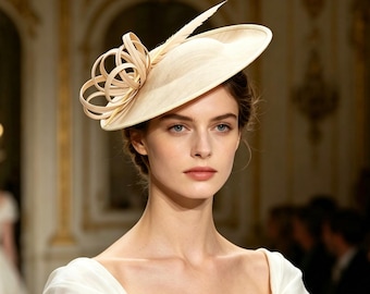 Cappello fascinator color champagne, elegante copricapo da derby, cappellino da cocktail per sposa e festa, accessorio formale per capelli, fascinator con piume