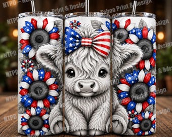 May include: A cylindrical tumbler with a metal straw featuring a white, fluffy highland cow illustration wearing a red, white, and blue patriotic bow. The design includes sunflowers with red, white, and blue petals against a white background.