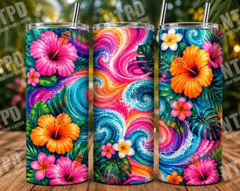 May include: Three cylindrical tumblers with metal straws, featuring a vibrant tropical pattern of pink and orange hibiscus flowers, white plumeria, and green palm leaves set against a swirling background of bright blue, pink, and orange waves.