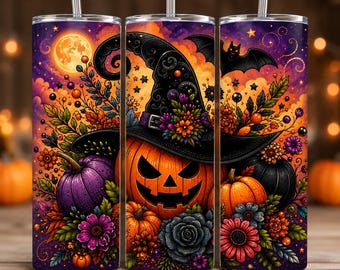 May include: A cylindrical tumbler with a straw featuring a vibrant Halloween design. The artwork displays a central jack-o'-lantern wearing a black witch hat, surrounded by purple and orange pumpkins, colorful autumn flowers, stars, and a bat.