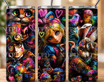 May include: Three cylindrical tumblers with straws, featuring vibrant, multi-colored illustrations of characters from Alice in Wonderland, including the Mad Hatter, Alice, and the White Rabbit, surrounded by neon hearts, mushrooms, and tea-themed elements.