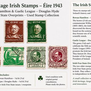 Könnte beinhalten: Eine Sammlung von sechs irischen Briefmarken aus dem Jahr 1943, darunter Ausgaben von Rowan Hamilton und der Gaelic League Douglas Hyde sowie Überdrucke des Irischen Freistaats. Die Marken zeigen verschiedene Porträts in Braun, Grün und Rot.