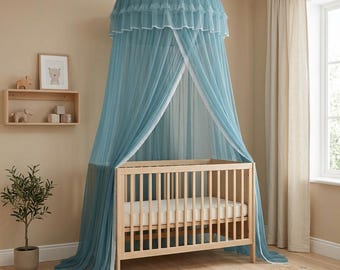 Blue Bed Canopy Mosquito Net | Round Dome Lace Crib Canopy | Girls Bedroom Decor | Hanging Mesh Bed Curtain for Nursery Room Decor Gift Tent
