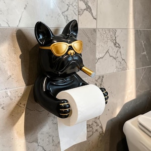 Französische Bulldogge Toilettenpapierhalter Wand Befestigter Geweberollenhalter Lustiger Hund Badezimmer Dekor kein Bohrer Badezimmerzubehör Spaß Kinder