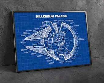 Ruimtevaartuig Millennium Falcon blauwdruk kunst aan de muur print voor gaming room decor, Star Wars sci-fi geïnspireerde patent poster, nerdy verzamelaarscadeau