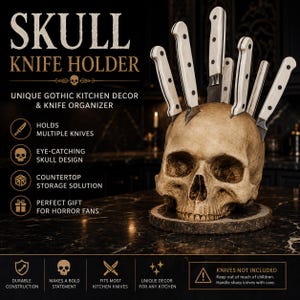 May include: A beige skull-shaped knife holder with six slots containing white-handled knives. The text reads SKULL KNIFE HOLDER, UNIQUE GOTHIC KITCHEN DECOR & KNIFE ORGANIZER, HOLDS MULTIPLE KNIVES, EYE-CATCHING SKULL DESIGN, COUNTERTOP STORAGE SOLUTION, PERFECT GIFT FOR HORROR FANS, DURABLE CONSTRUCTION, MAKES A BOLD STATEMENT, FITS MOST KITCHEN KNIVES, UNIQUE DECOR FOR ANY KITCHEN, and KNIVES NOT INCLUDED.