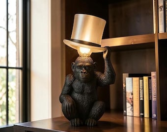 Lampada da tavolo a forma di scimpanzé, lampada a forma di cappello da scimmia, luce da scrivania oro e nera, lampada decorativa a forma di animale, decorazione stravagante per la casa, lampada da ufficio, regalo unico