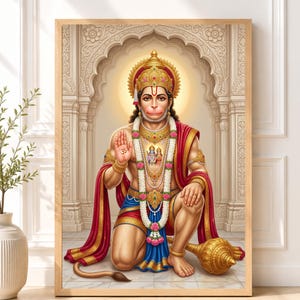Hanuman digital målning, hinduisk gud väggkonst, andlig affisch, Pooja rumsdekor