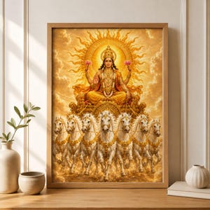 Può includere: Una stampa artistica incorniciata raffigurante una divinità dai toni dorati seduta su un carro trainato da sette cavalli bianchi. La figura indossa gioielli ornati e tiene fiori di loto rosa, su uno sfondo di sole radioso con nuvole.