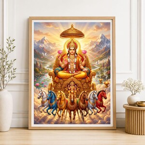 Puede incluir: Una impresión de arte mural enmarcada que representa a Surya Narayana sentado en un carro dorado tirado por siete caballos. La deidad lleva joyas ornamentadas y sostiene flores de loto, con un fondo de montañas nevadas, un río y un cielo dorado.