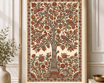 May include: A framed rectangular wall art print featuring a detailed illustration of a tree with birds and flowers in shades of red, orange, and brown on a cream background, enclosed within a decorative border of repeating floral motifs.