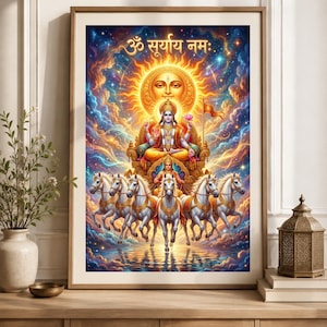 Pintura de Surya dorado y 7 caballos, Siete caballos, Arte mural de dioses hindúes, Impresión mitológica