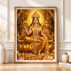 Può includere: Una stampa artistica da parete incorniciata raffigurante una divinità dai toni dorati seduta su un grande fiore di loto. La figura indossa gioielli decorati e una corona, tenendo un loto in una mano e un vaso nell'altra, con monete d'oro.