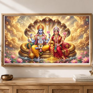 Gudinnan Vishnu & Lakshmi digital konst, lotustryck, hinduisk gudaffisch, Lakshmi Narayan,