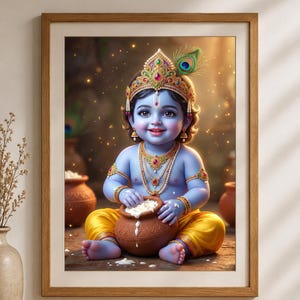 May include: A framed wall art print depicting a blue-skinned child deity with a golden crown adorned with a peacock feather, wearing layered beaded necklaces and yellow trousers, sitting while reaching into a brown clay pot filled with white cream.