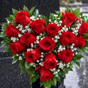 Può includere: Una composizione floreale a forma di cuore composta da numerose rose rosse vivaci intervallate da piccoli fiori bianchi di gipsofila e foglie verde scuro, creando un'esposizione densa e simmetrica di fiori freschi.