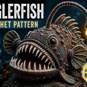 Puede incluir: Un rape de ganchillo en tonos marrones y oscuros con una boca grande, dientes blancos afilados y un señuelo brillante. El texto dice: ANGLERFISH CROCHET PATTERN, DIGITAL DOWNLOAD, INTERMEDIATE LEVEL, 18 x 35 CM APPROX., MAKE YOUR OWN DEEP-SEA MONSTER!