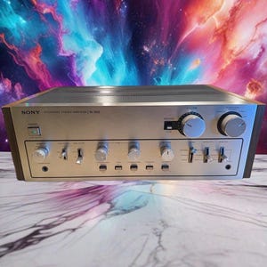 May include: A silver Sony TA-3650 integrated stereo amplifier with a brushed metal front panel, featuring a power button with a green indicator light, two large circular knobs for volume and function, and various smaller control dials and switches.
