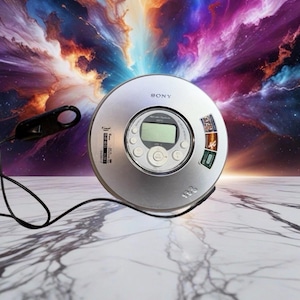Könnte beinhalten: Ein silberner Sony MP3-CD-Player mit einer schwarzen kabelgebundenen Fernbedienung. Der Player verfügt über ein digitales Display und Steuertasten. Der Hintergrund zeigt ein farbenfrohes, abstraktes Weltraum-Design.