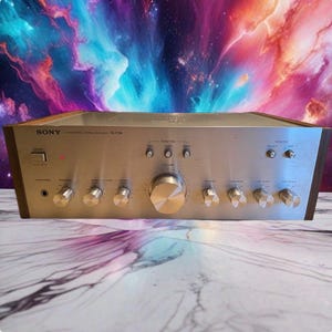May include: A silver Sony TA-F3A integrated stereo amplifier with a brushed metal front panel, a large central volume knob, multiple smaller control dials, a power button with a red indicator light, and wooden side panels on the exterior casing.