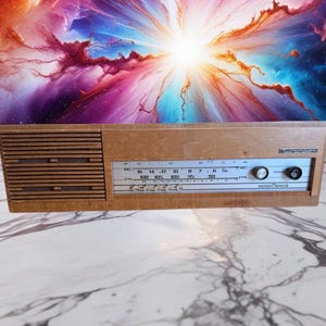 May include: A vintage wooden radio with a silver faceplate and the brand name "Nordmende". The radio has buttons and dials for tuning and volume. The background features a colourful, abstract design.