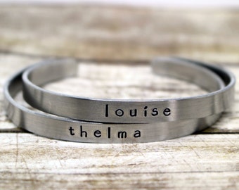 Thelma and Louise Set of Two Hand Stamped Aluminum Cuff Bracelet, best friends, sister, tribe, strong women,