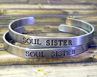 Soul Sister Set of Two Hand Stamped Aluminum Cuff Bracelet, best friends, sister, tribe, strong women,