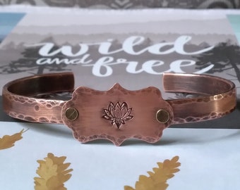 Lotus Flower Hand Stamped Copper Cuff Bracelet