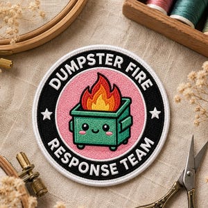 May include: A circular embroidered patch featuring a green dumpster with a smiling face and orange flames on a pink background. The black border contains the white text DUMPSTER FIRE RESPONSE TEAM and two white stars on the left and right sides.