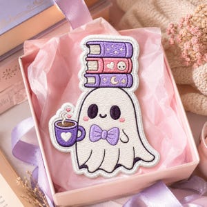 Bookish Ghost Patch – Cozy Halloween Coffee Books Embroidered Iron On