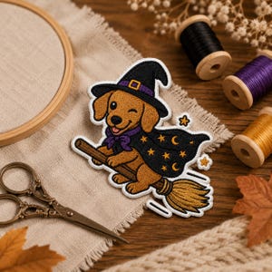 Witch Dog Embroidered Patch – Golden Retriever Halloween Broom Riding Badge