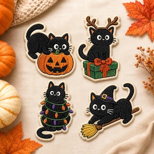 May include: Four embroidered patches featuring black cats. One cat sits on a jack-o'-lantern, one wears reindeer antlers on a gift box, one is wrapped in colorful string lights, and one wears a witch hat while riding a broomstick.