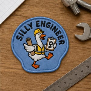 May include: A circular light blue embroidered patch featuring a white goose wearing a yellow hard hat and safety vest. The goose holds a rolled blueprint and a clipboard with a gear icon. The text SILLY ENGINEER is arched above the goose.