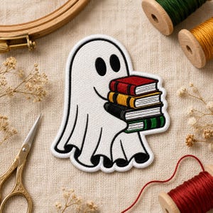 Ghost Bookworm Patch – Embroidered Iron-On Badge for Backpacks