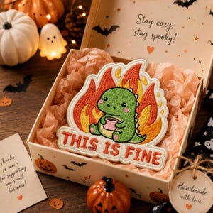 This Is Fine Embroidered Patch, Dinosaur Meme Iron On Jacket Patch