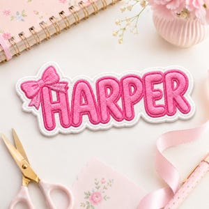 Custom Name Patch, Pink Bow Bubble Letter, Embroidered Iron On, Coquette Backpack Jacket