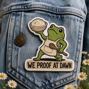 Frog Baker Patch – We Proof At Dawn Sourdough Embroidered Iron-On – Cottagecore Baking