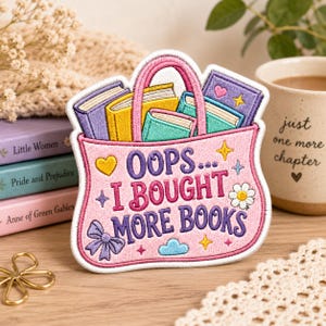 Embroidered Book Tote Patch, Pastel Bookworm Iron On Badge, Book Lover Gift