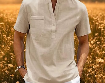 Herren Baumwolle Leinen Henley Shirt Lässige Kurzarm Strand Shirt Vintage Streetwear Tasche Sommer Top für Männer
