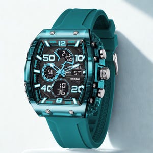 K&ouml;nnte beinhalten: Eine teal-farbene Digitalarmbanduhr mit transparentem Geh&auml;use und passendem Silikonarmband. Das Zifferblatt zeigt mehrere Zifferbl&auml;tter und digitale Anzeigen, einschlie&szlig;lich Uhrzeit, Datum und Stoppuhrfunktionen. Die Uhr hat silberfarbene Kn&ouml;pfe und eine Schnalle.