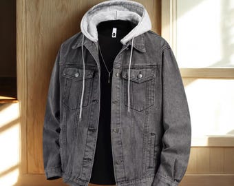Herrjacka med huva, casual streetwear, avtagbar huva, lös passform, höst- och vinterjeans, ytterkläder för par