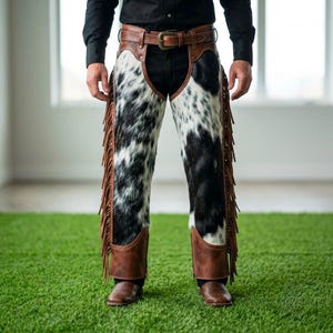Könnte beinhalten: Western-Chaps mit schwarz-weißem Kuhfellmuster und langen braunen Lederfransen an den Seiten. Die Chaps verfügen über einen braunen Ledergürtel mit Metallschnalle in der Taille sowie verstärkte braune Lederbündchen am unteren Beinabschluss.