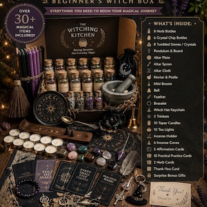 May include: A beginner's witch box set titled The Witching Kitchen, containing over 30 items including herb bottles, crystal chip bottles, tumbled stones, a pendulum, altar plate, mortar and pestle, mini broom, bell, candles, and cards.