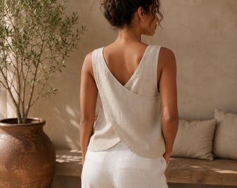 Leinen Cross Back Top, Leinen Blusen für Frauen, ärmelloses Top Leinen, Leinen Tank Top Frau, Sommer Leinen Top, Plus Größe Leinen Top