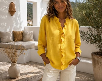 Blusa feminina casual de primavera, em linho misto com babados, modelagem solta e mangas compridas.