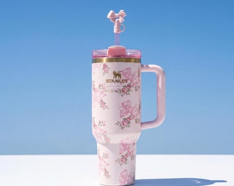 Pink Floral Bow Tumbler, 40oz Insulated Travel Mug, Coquette Style Quencher Cup