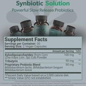 May include: Image of several small brown supplement bottles with black caps, labeled "BOMA." The bottles are arranged in front of a white and gray label that lists supplement facts, including ingredients like Xylooligosaccharides and a proprietary probiotic blend.