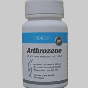 Puede incluir: Una botella blanca de suplemento diet&eacute;tico Arthrozene con una banda azul y texto blanco. La etiqueta incluye el nombre de la marca, el nombre del producto y los beneficios: alivia las molestias, aumenta la flexibilidad y funciona en 5 d&iacute;as. Contiene 30 c&aacute;psulas.